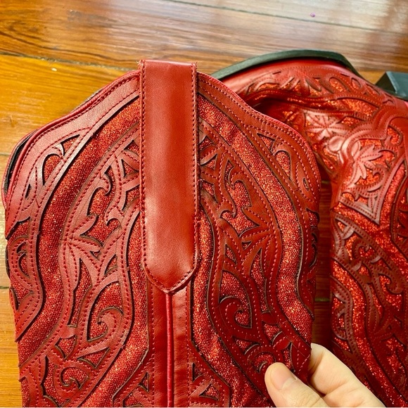 NEW JB DILLON RESERVE Darling Red Glitter Inlay Leather Snip Toe Boot GIFTABLE-8 - Picture 7 of 15